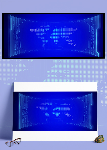 蓝色曲屏地图演播室大数据背景PSD素材