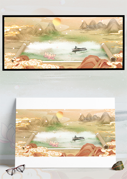 国风彩色山水画卷传统背景素材