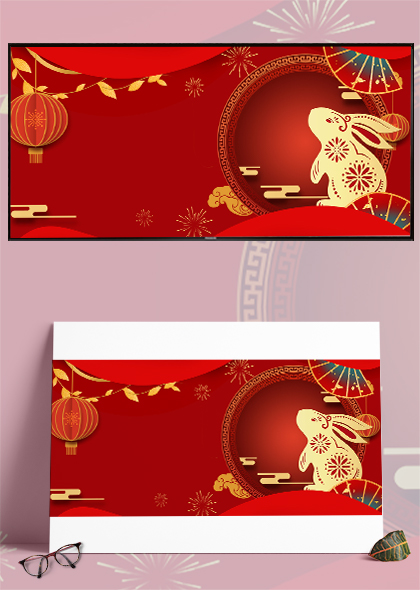 剪纸风兔年新年展板宣传栏背景素材