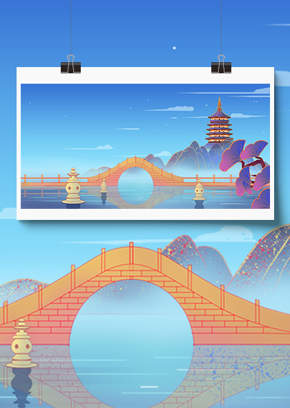手绘风格杭州西湖景点背景PSD素材