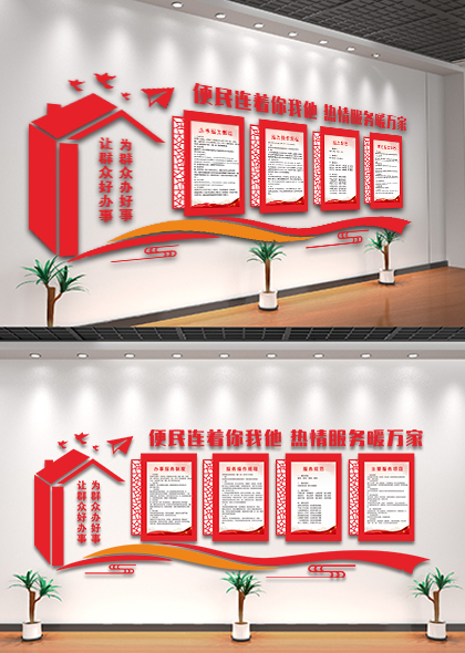 红色社区便民服务文化墙设计矢量模板