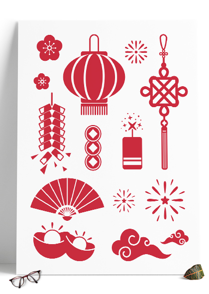 中国结灯笼鞭炮竹扇子梅花元宝新年贴纸元素素材