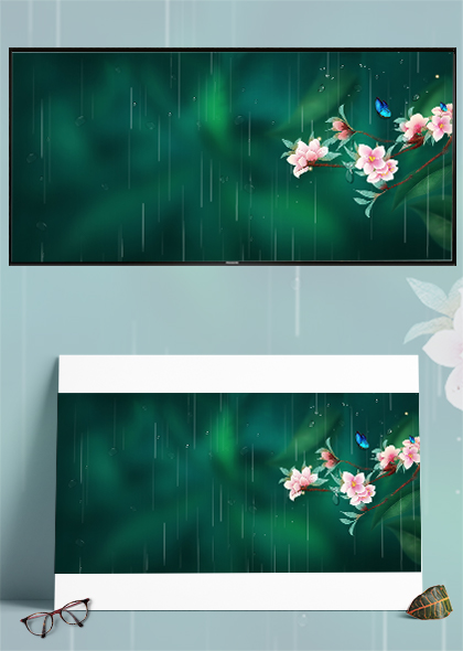春雨背景手绘桃花彩蝶背景图片素材
