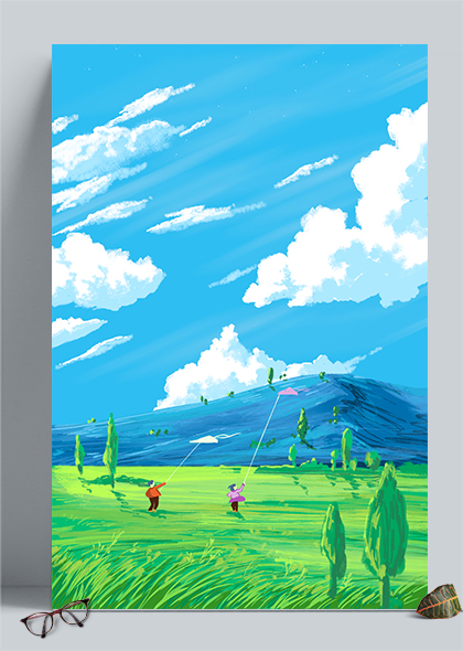 蓝天白云草地上放风筝手绘油画背景素材