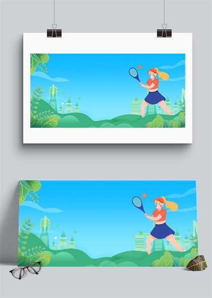 手绘网球女孩蓝色扁平亚运会展板背景