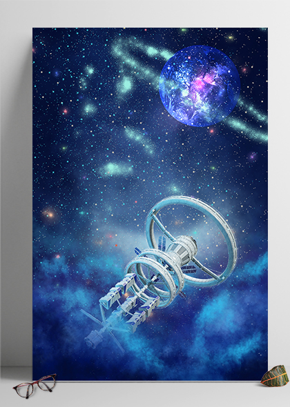 手绘宇宙星空空间站蓝色航天主题海报背景素材