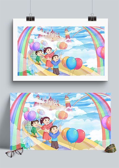六一儿童节空中彩虹城堡插画背景