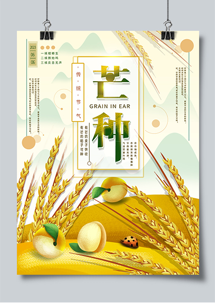芒种节气手绘风麦穗杏子传统海报素材