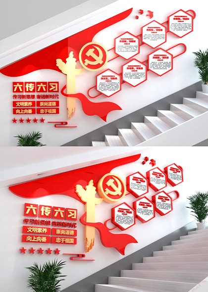 新时代文明实践中心六传六习党建楼梯文化墙矢量模板