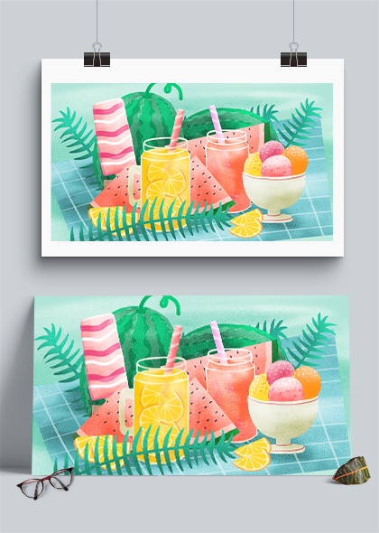 夏季饮品西瓜冰淇淋夏天解暑插画背景素材