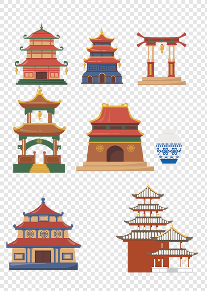 中国传统特色建筑手绘插画元素素材