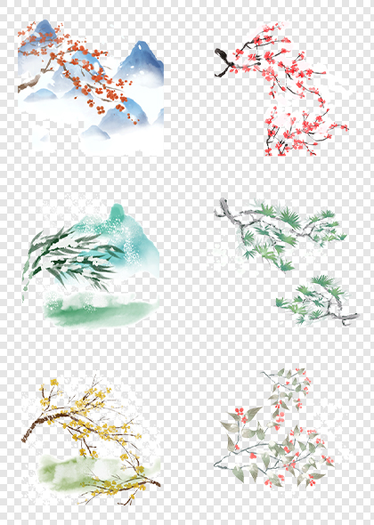 冬季节气梅花松树山水免抠插画元素素材
