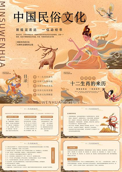 橙色古风中国民俗文化十二生肖主题PPT模板