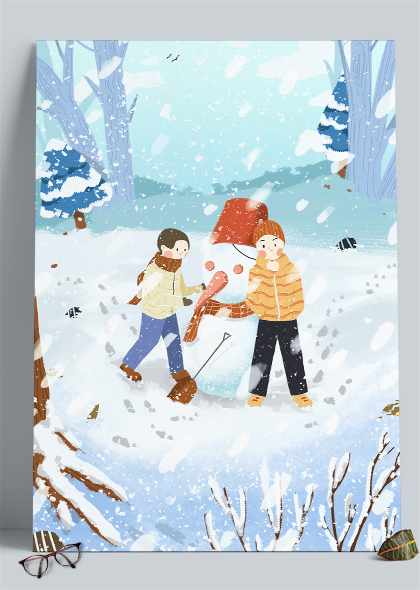 冬季雪天树林堆雪人卡通插画海报背景图片