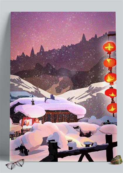 雪天夜晚深山小木屋过年风景插画背景图片