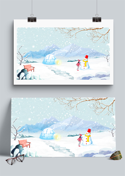 小清新冬天雪景女孩公园雪人插画背景图片