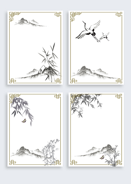 中国风竹子山峰水墨海报背景矢量套图