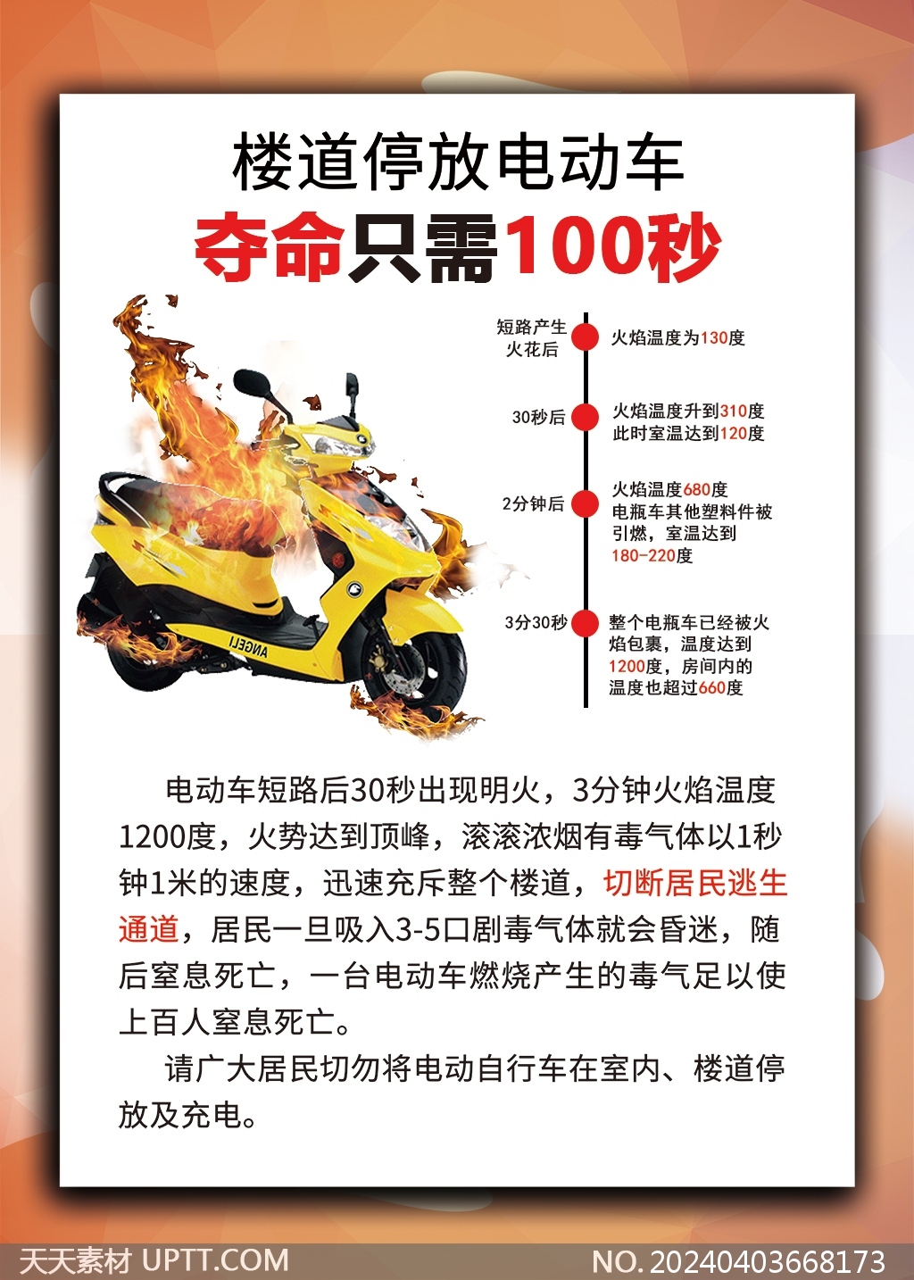 楼道电动车起火夺命只需100秒警示文案海报