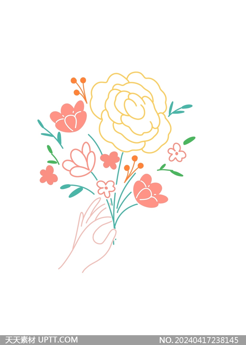 母亲节彩色手绘线条鲜花花朵花束免抠元素