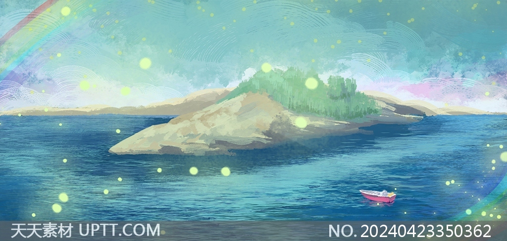 唯美梦幻手绘海洋彩虹海岛小船航海风景插画背景素材