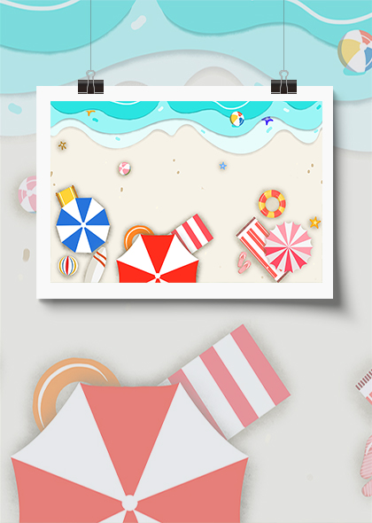 夏日海滩卡通沙滩旅游度假剪纸风插画背景素材