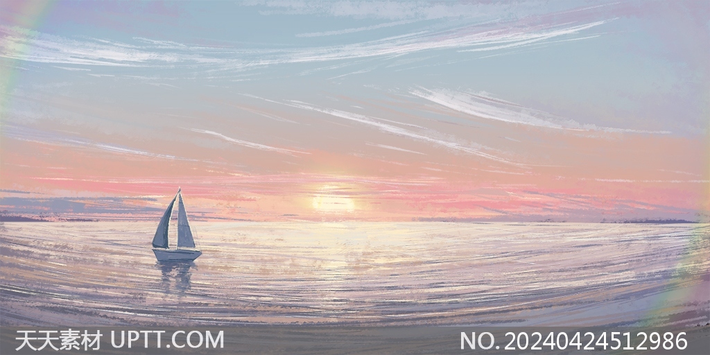 日出帆船远航唯美海洋风景插画背景素材