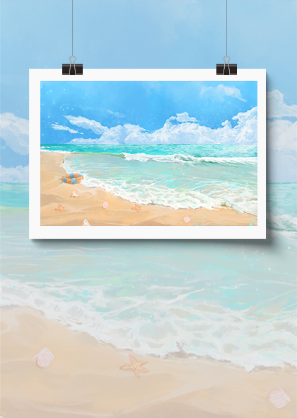 夏日海滩沙滩海浪贝壳蓝色清新插画背景