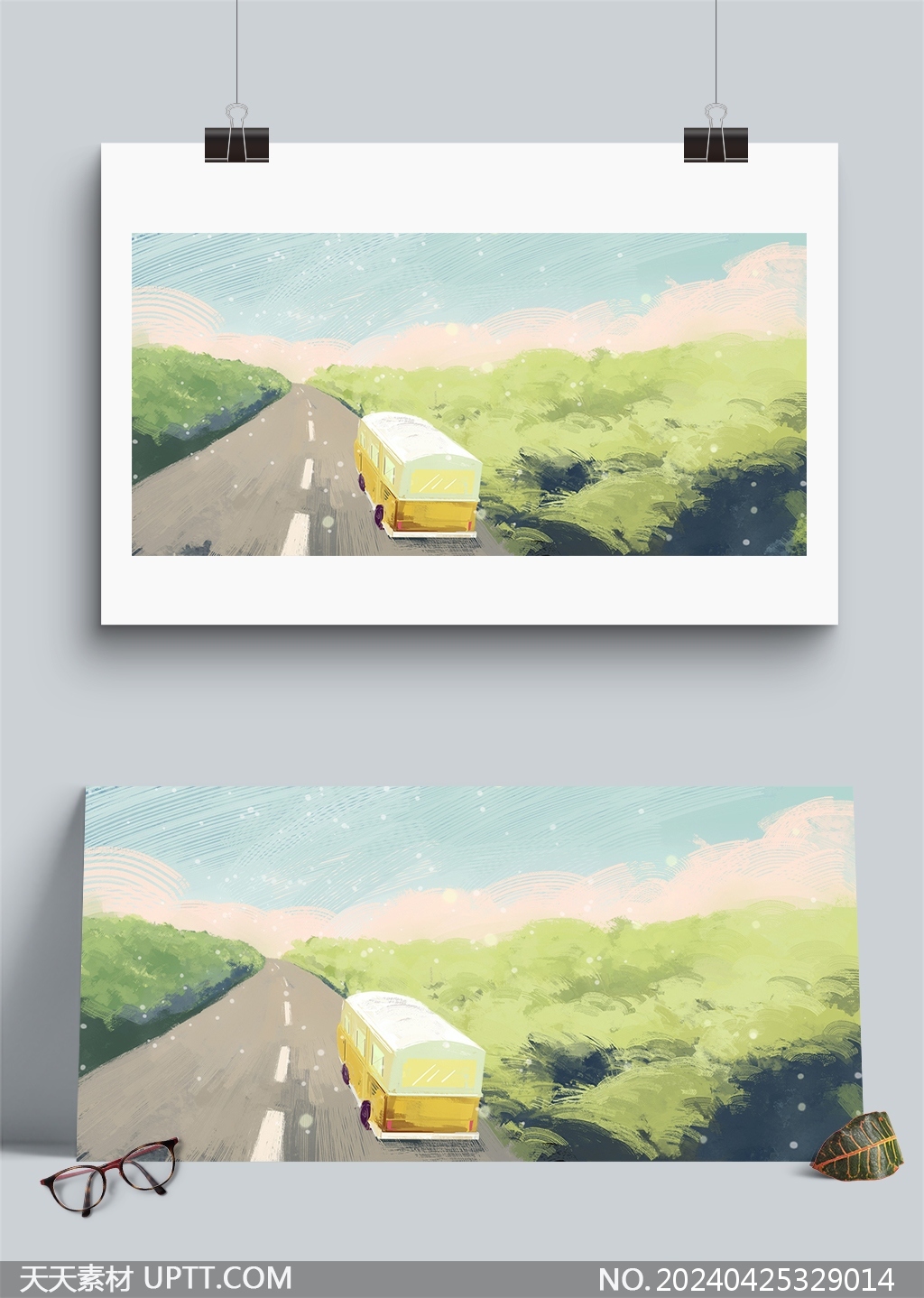 夏日巴士油画风夏天唯美手绘插画海报背景素材