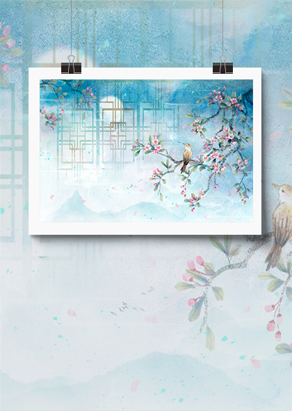 中国风樱花小鸟春天春季风景工笔画背景图片