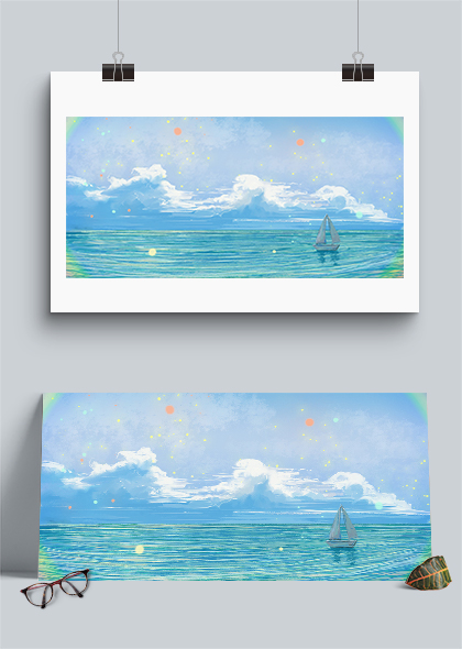 夏日蓝天白云港湾帆船油画风海洋主题插画背景图片