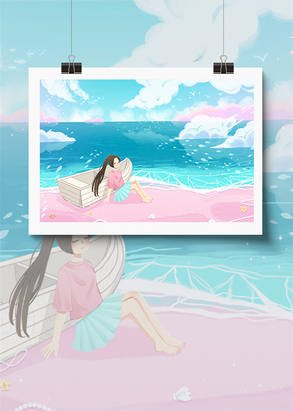 粉色沙滩卡通女孩唯美手绘温馨浪漫插画背景