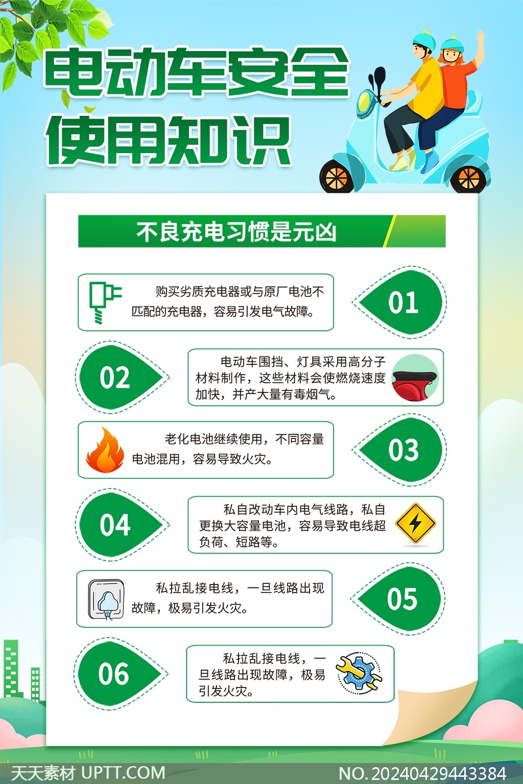 电动车安全使用知识电动车消防安全科普绿色海报套图