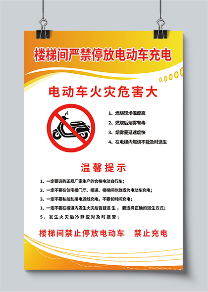 楼梯间严禁停放电动车充电消防安全提示海报