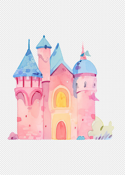 水彩粉色卡通童话城堡PNG元素素材