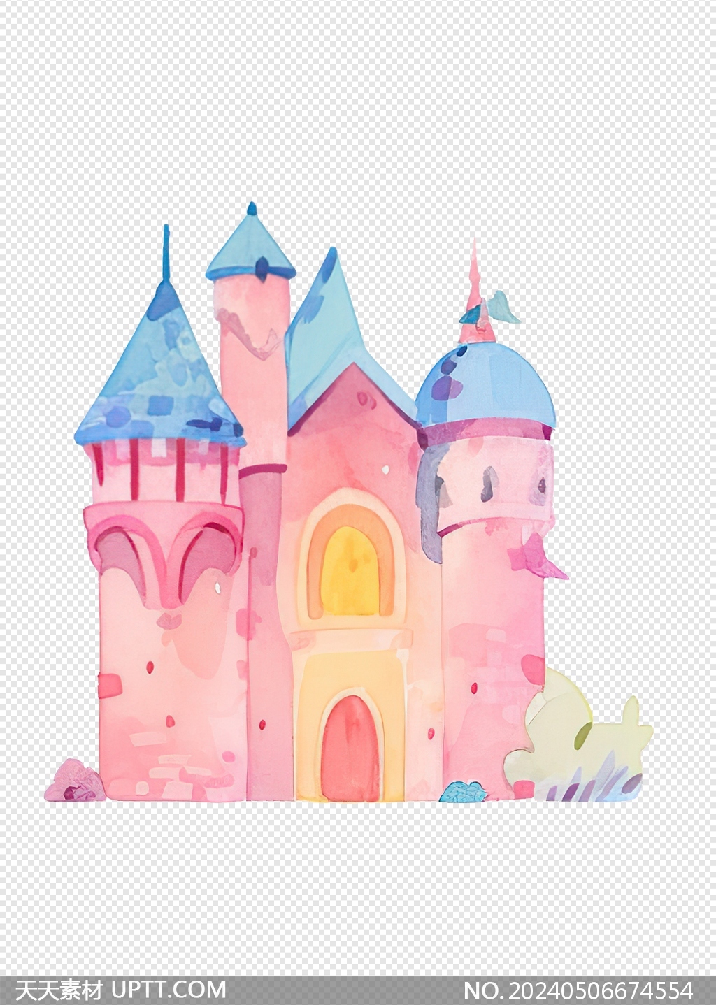 水彩粉色卡通童话城堡PNG元素素材