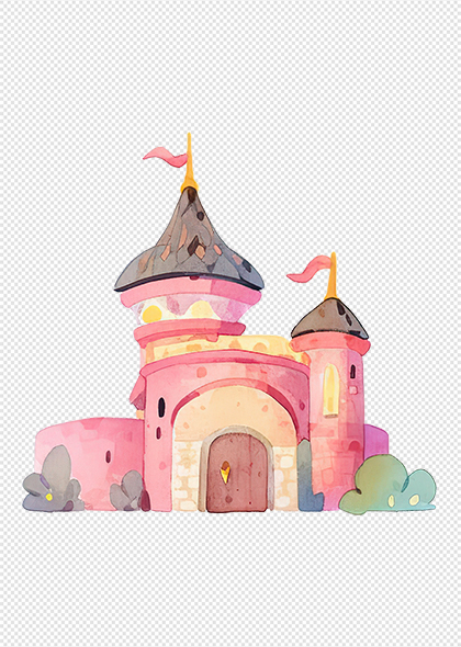 水彩风简约卡通童话城堡粉色城堡装饰元素