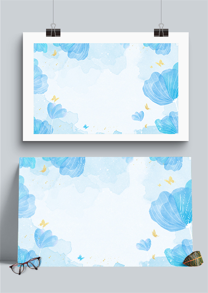 蓝色清新水彩手绘花卉蝴蝶海报背景