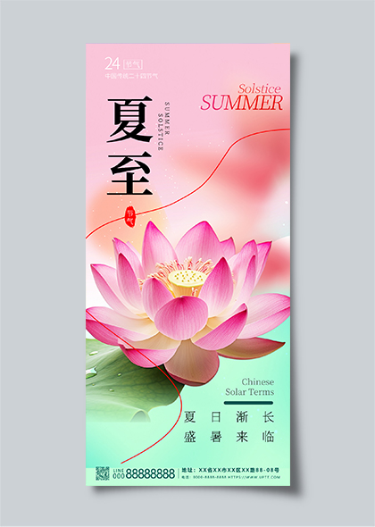 夏至节气粉色荷花传统节气海报模板