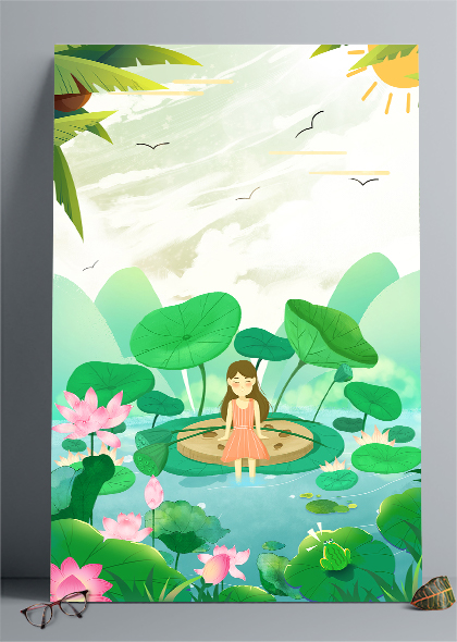 夏天荷花池塘戏水女孩卡通手绘背景设计