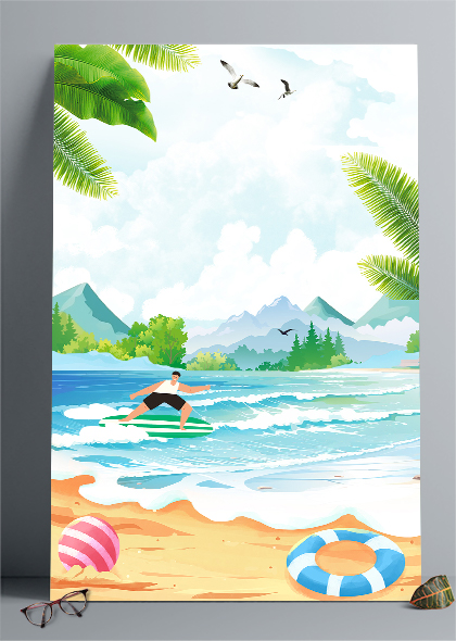 沙滩海滩冲浪夏季卡通手绘海报背景图片