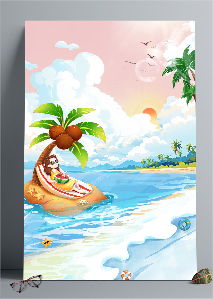 夏季旅行海滩女孩夏天唯美插画竖版背景图片