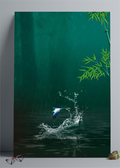雨水工笔花鸟竹子高清海报背景图片