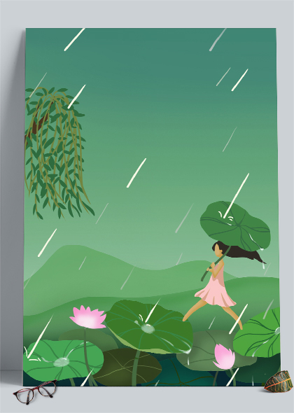 荷叶池塘荷花女孩二十四节气谷雨绿色手绘背景