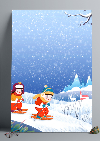 卡通滑雪孩子冬季大雪节气竖版海报背景素材