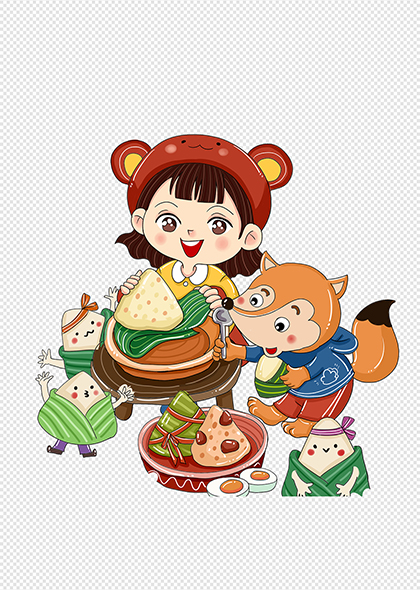 卡通女孩松鼠粽子端午节童话场景元素素材