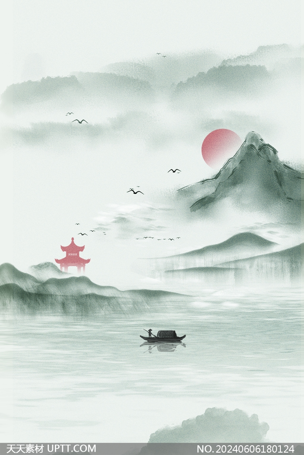 清明山水小船春天春季淡綠水墨風背景