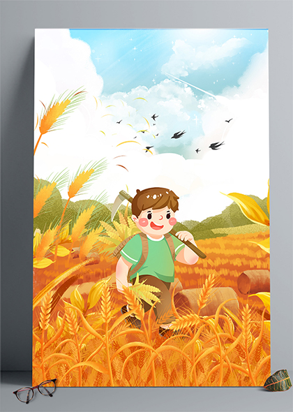 卡通少年金色麦子麦穗24节气芒种秋收季节背景图片