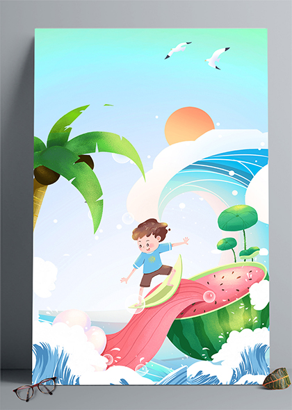 卡通西瓜冲浪男孩夏天夏季清凉海滩背景