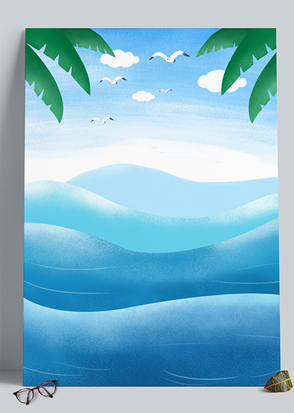 大海海鸥绿叶夏季夏天蓝色手绘海浪背景图片