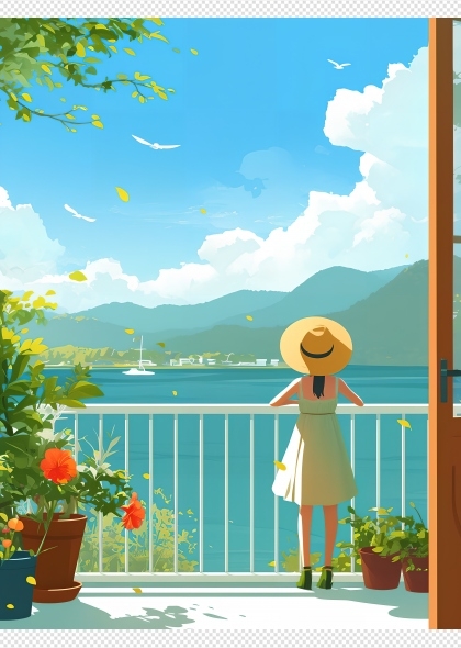 夏天欣赏湖景女孩背影宁静的湖面插画